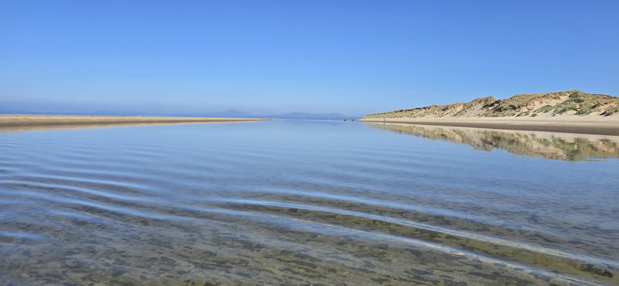 Mirror-calm tidal channel reflecting the dunes